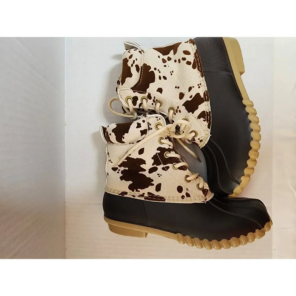 Outwoods‎ Kids Size 12 Cow Print  Lace Up Rubber Boots